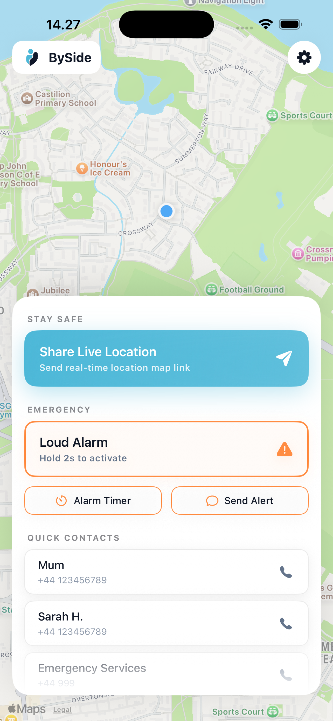 BySide app showing a map and journey sharing actions